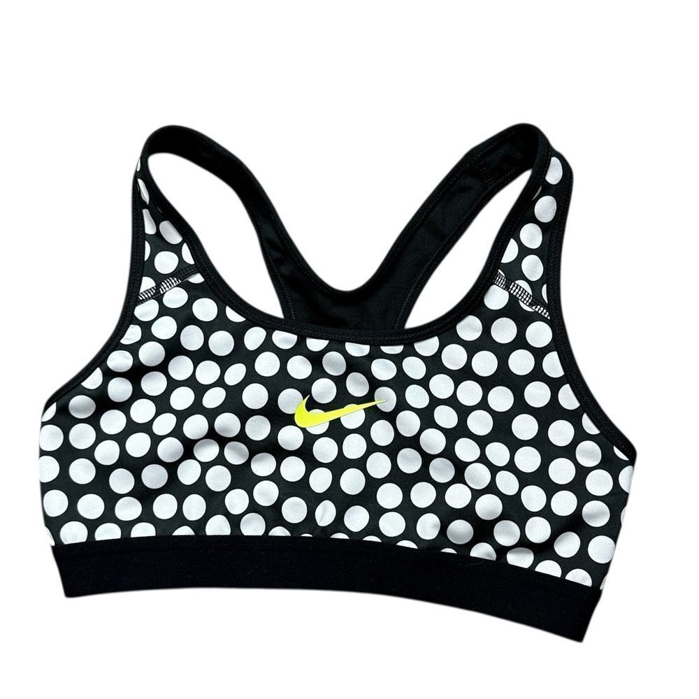 Nike Women's Black and White Polka Dot Sports Bra with Yellow Swoosh